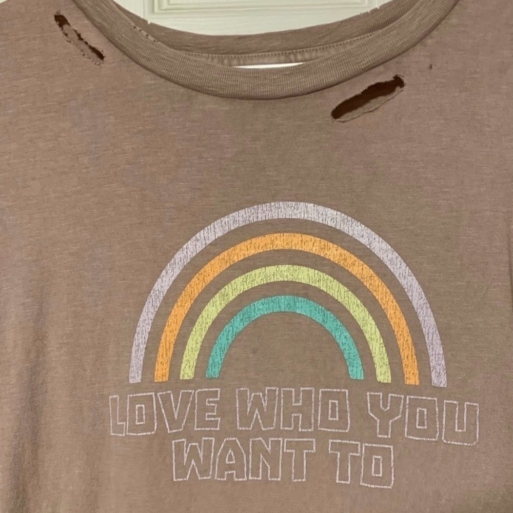 aerie Brown Short Sleeve Tee with Pastel Rainbow Graphic